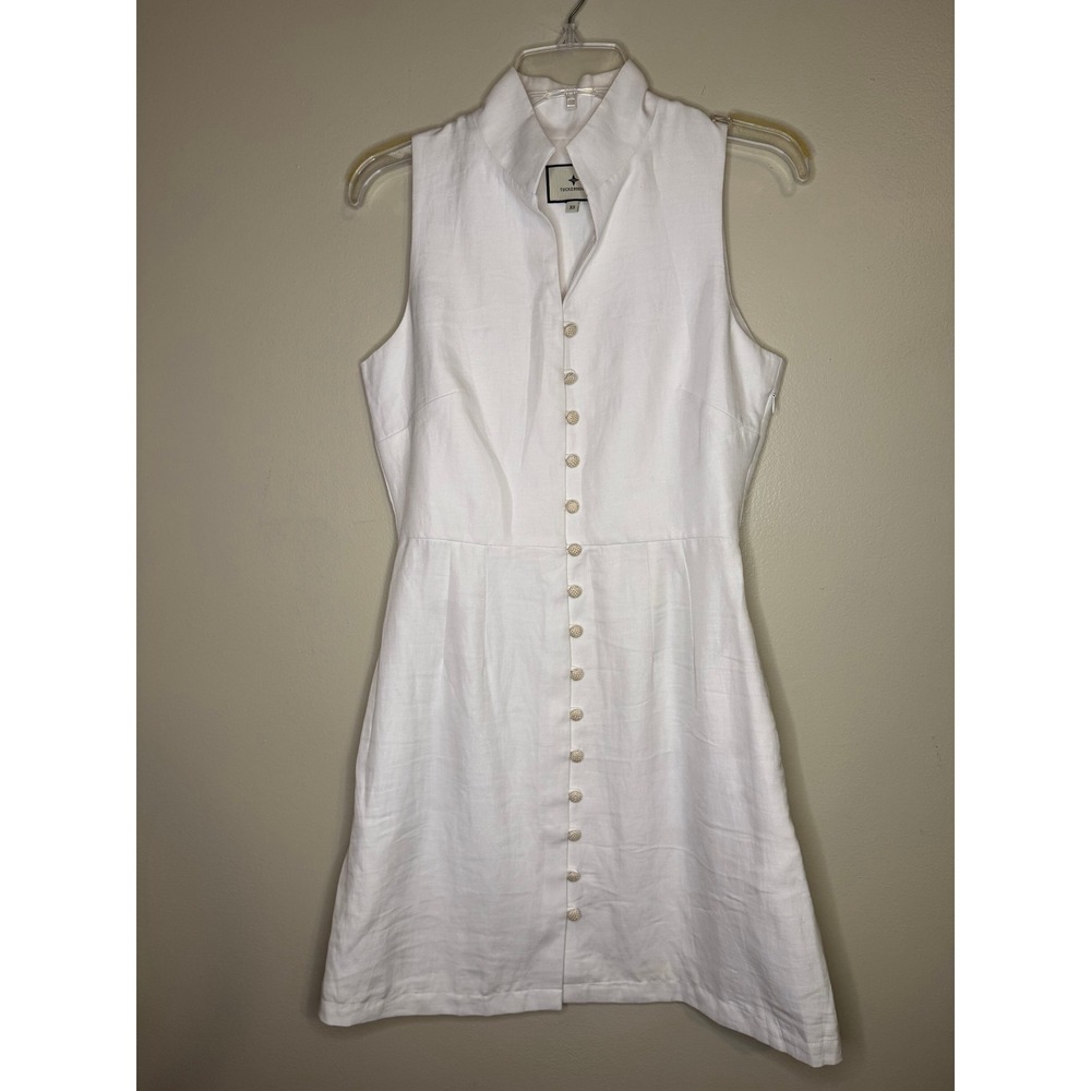 Tuckernuck White Linen Blend High Collar Button Front Sleeveless Mini Dress XS